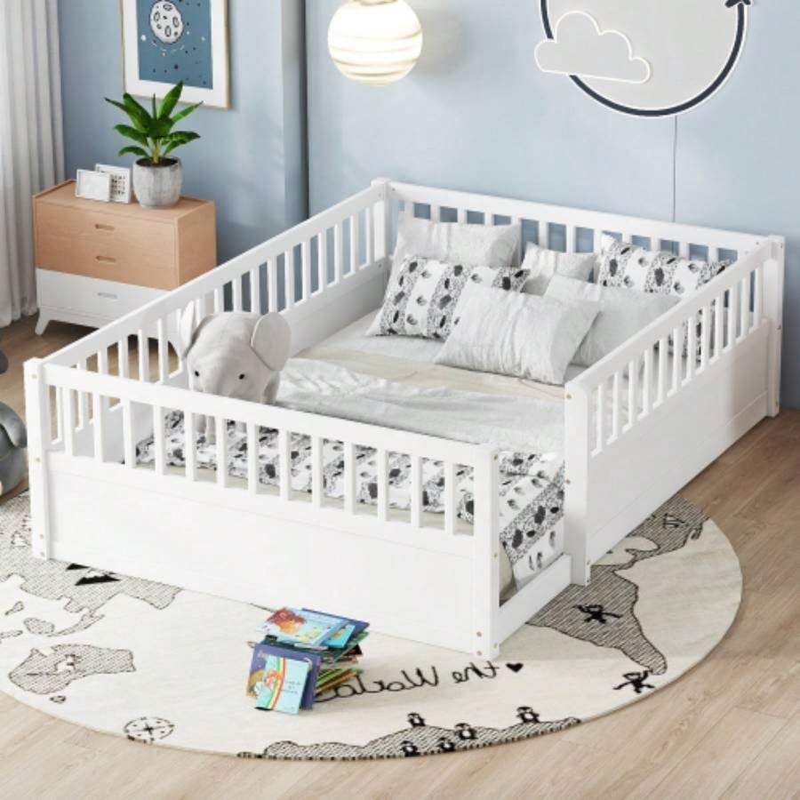 Full Floor Bed Frame with Fence, Montessori wooden s floor bed, Wood Floor Beds Frame Bedroom Playroom, White