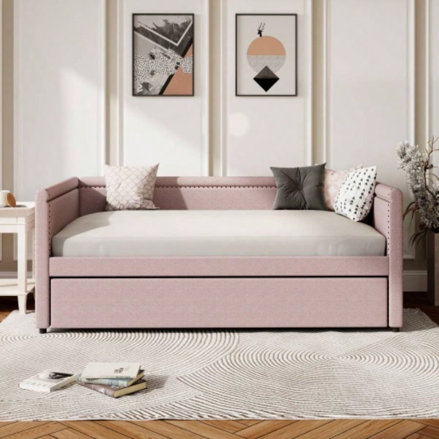 Modern Style Twin Size Upholstered Daybed with Trundle Guest Room, Small Bedroom, Study Room, Pink