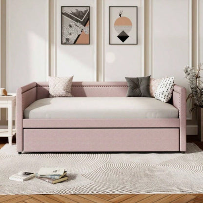Modern Style Twin Size Upholstered Daybed with Trundle Guest Room, Small Bedroom, Study Room, Pink