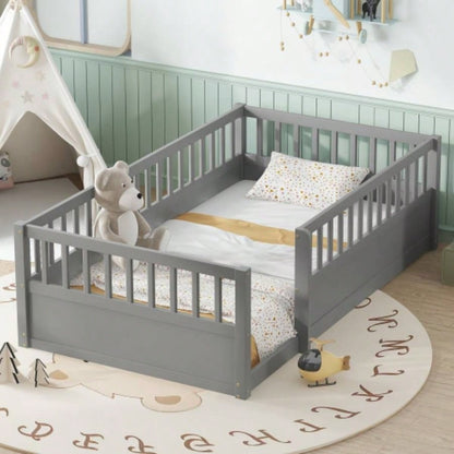 Full Floor Bed Frame with Fence, Montessori wooden s floor bed, Wood Floor Beds Frame Bedroom Playroom, White