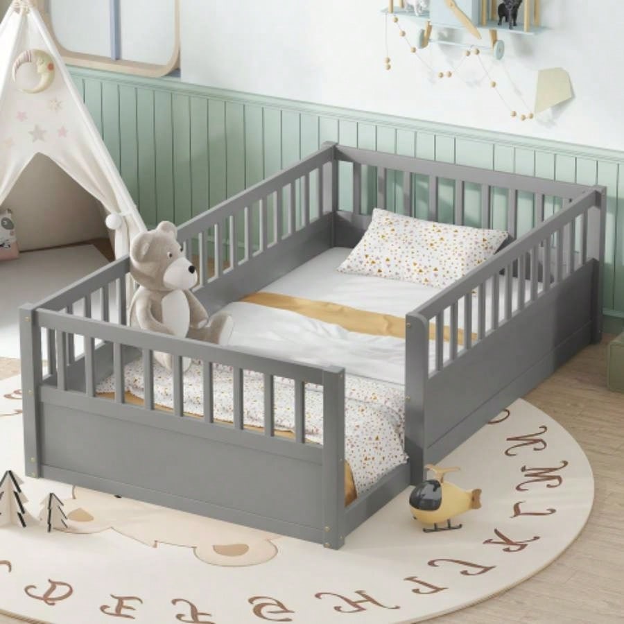 Twin Floor Bed Frame with Fence, Montessori wooden s floor bed, Wood Floor Beds Frame Bedroom Playroom, White