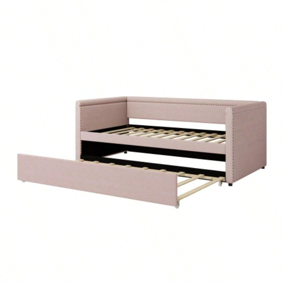 Modern Style Twin Size Upholstered Daybed with Trundle Guest Room, Small Bedroom, Study Room, Pink
