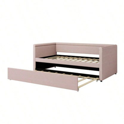 Modern Style Twin Size Upholstered Daybed with Trundle Guest Room, Small Bedroom, Study Room, Pink