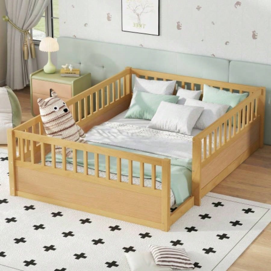 Full Floor Bed Frame with Fence, Montessori wooden s floor bed, Wood Floor Beds Frame Bedroom Playroom, White