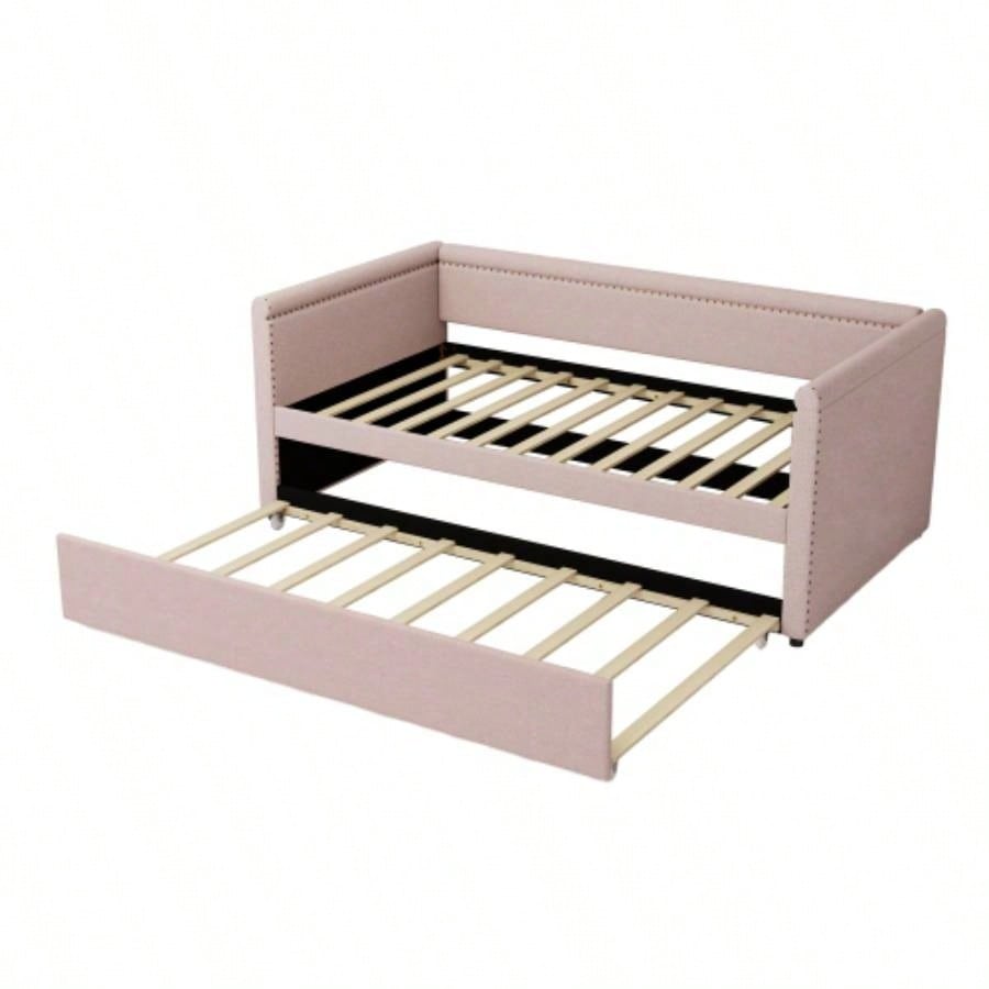 Modern Style Twin Size Upholstered Daybed with Trundle Guest Room, Small Bedroom, Study Room, Pink