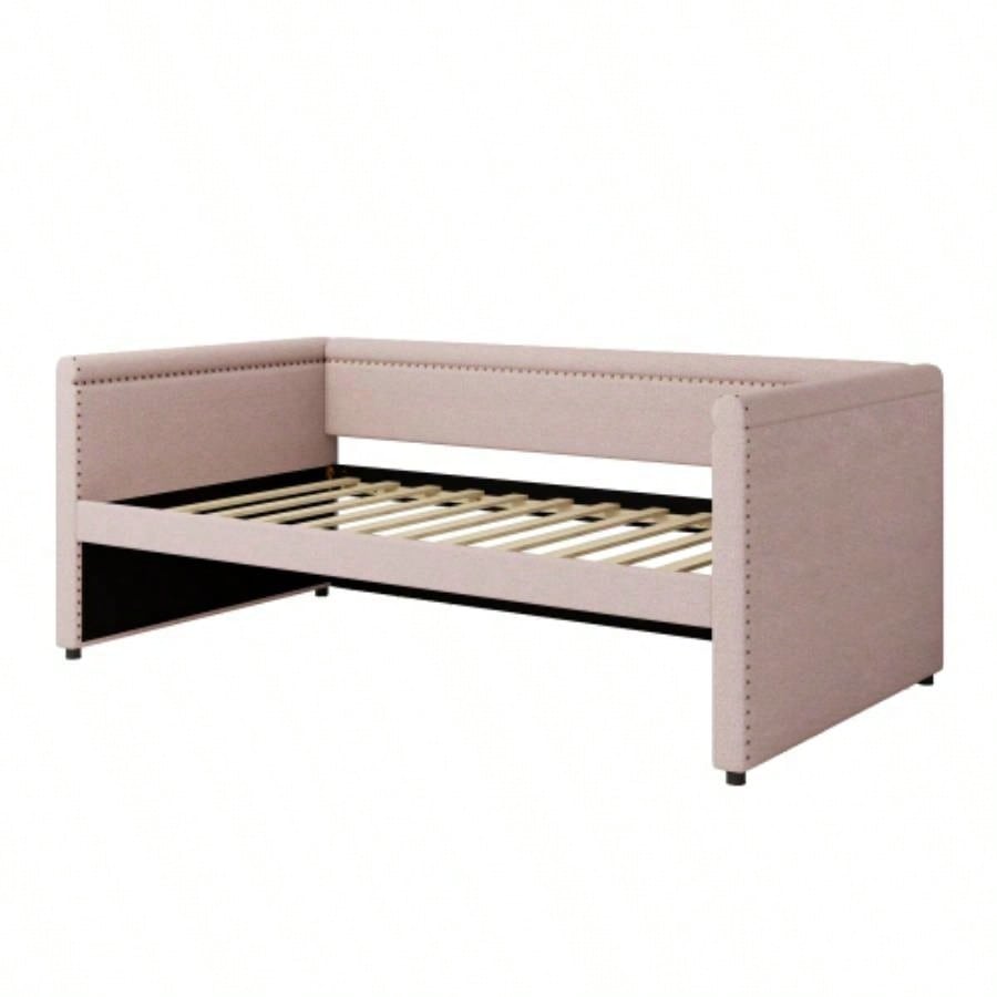 Modern Style Twin Size Upholstered Daybed with Trundle Guest Room, Small Bedroom, Study Room, Pink