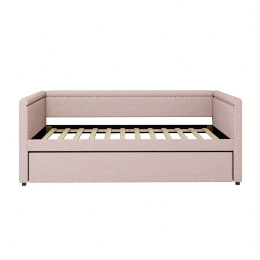 Modern Style Twin Size Upholstered Daybed with Trundle Guest Room, Small Bedroom, Study Room, Pink