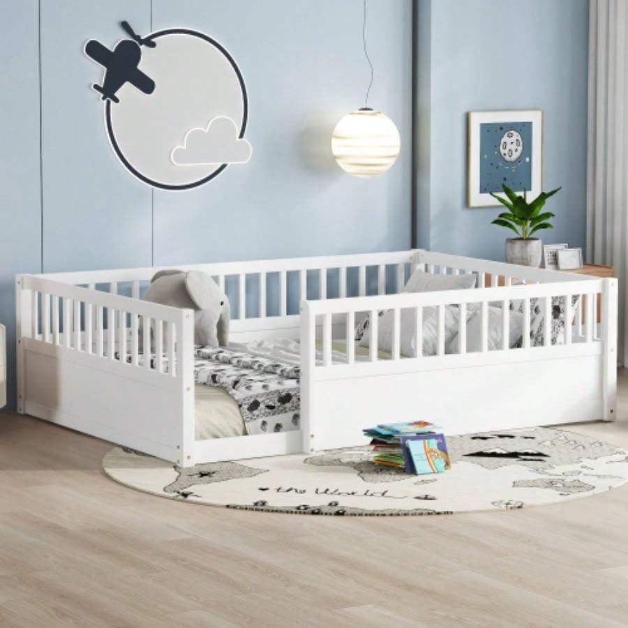 Full Floor Bed Frame with Fence, Montessori wooden s floor bed, Wood Floor Beds Frame Bedroom Playroom, White