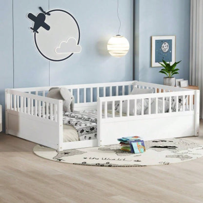 Full Floor Bed Frame with Fence, Montessori wooden s floor bed, Wood Floor Beds Frame Bedroom Playroom, White
