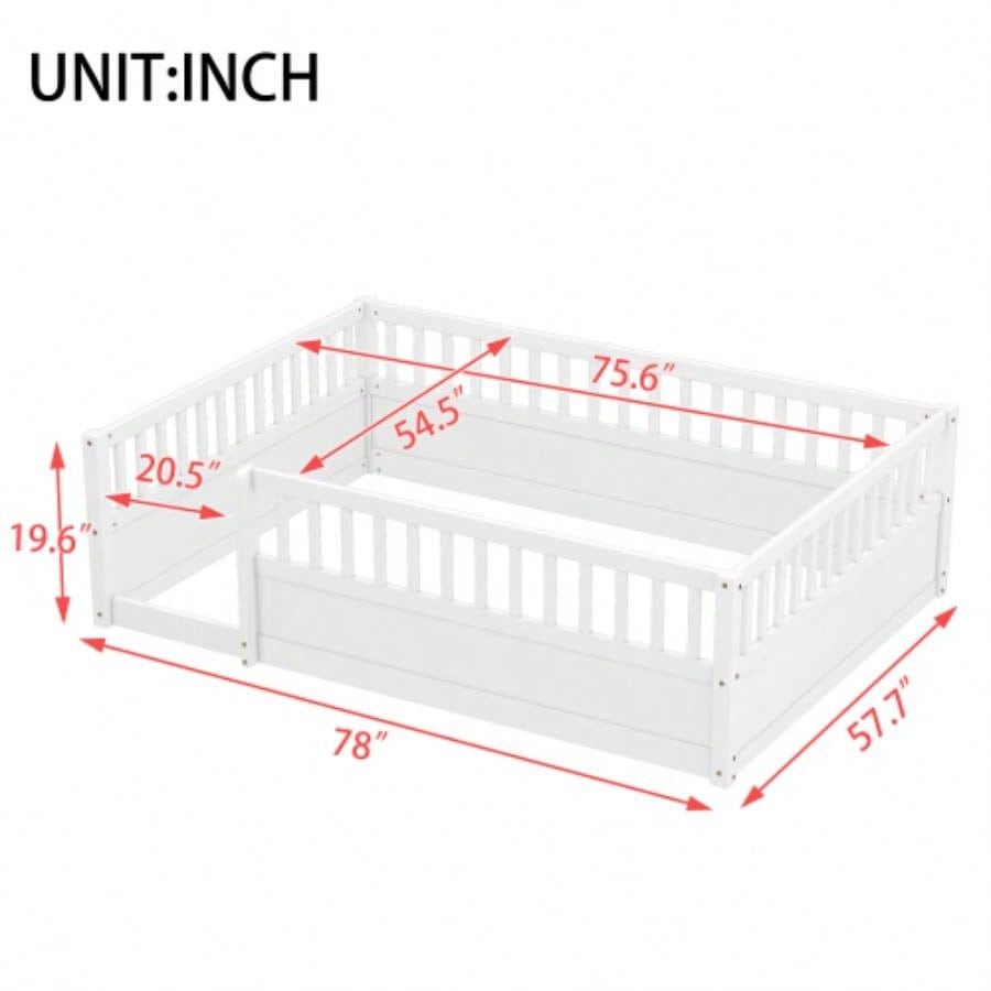 Full Floor Bed Frame with Fence, Montessori wooden s floor bed, Wood Floor Beds Frame Bedroom Playroom, White