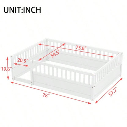 Full Floor Bed Frame with Fence, Montessori wooden s floor bed, Wood Floor Beds Frame Bedroom Playroom, White