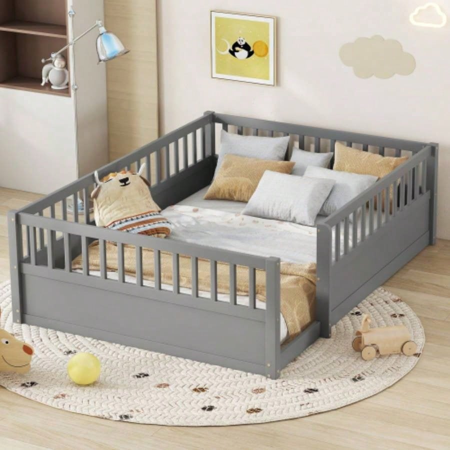 Full Floor Bed Frame with Fence, Montessori wooden s floor bed, Wood Floor Beds Frame Bedroom Playroom, White