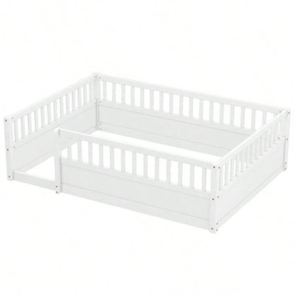 Full Floor Bed Frame with Fence, Montessori wooden s floor bed, Wood Floor Beds Frame Bedroom Playroom, White
