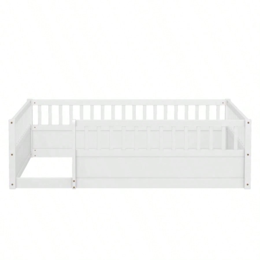 Full Floor Bed Frame with Fence, Montessori wooden s floor bed, Wood Floor Beds Frame Bedroom Playroom, White