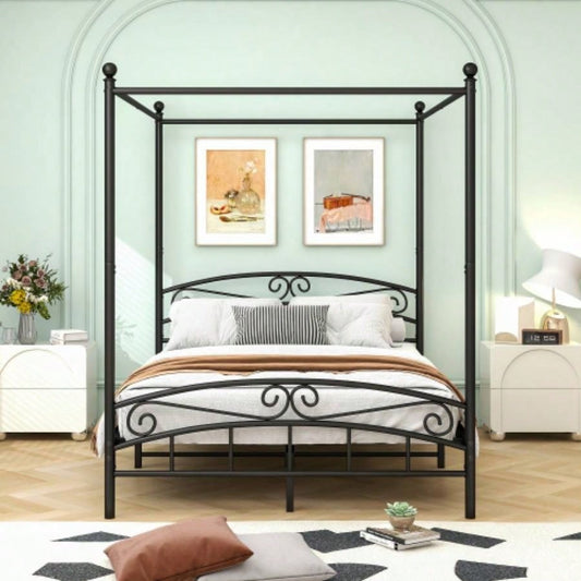 Size Metal Canopy Bed Frame with Headboard and Footboard Black