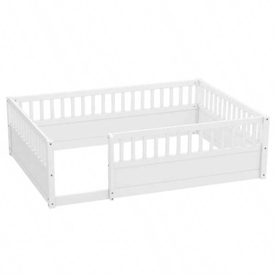 Full Floor Bed Frame with Fence, Montessori wooden s floor bed, Wood Floor Beds Frame Bedroom Playroom, White