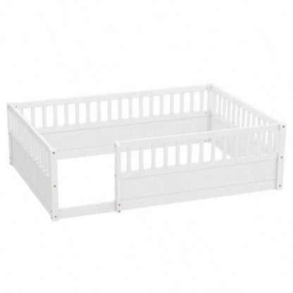 Full Floor Bed Frame with Fence, Montessori wooden s floor bed, Wood Floor Beds Frame Bedroom Playroom, White