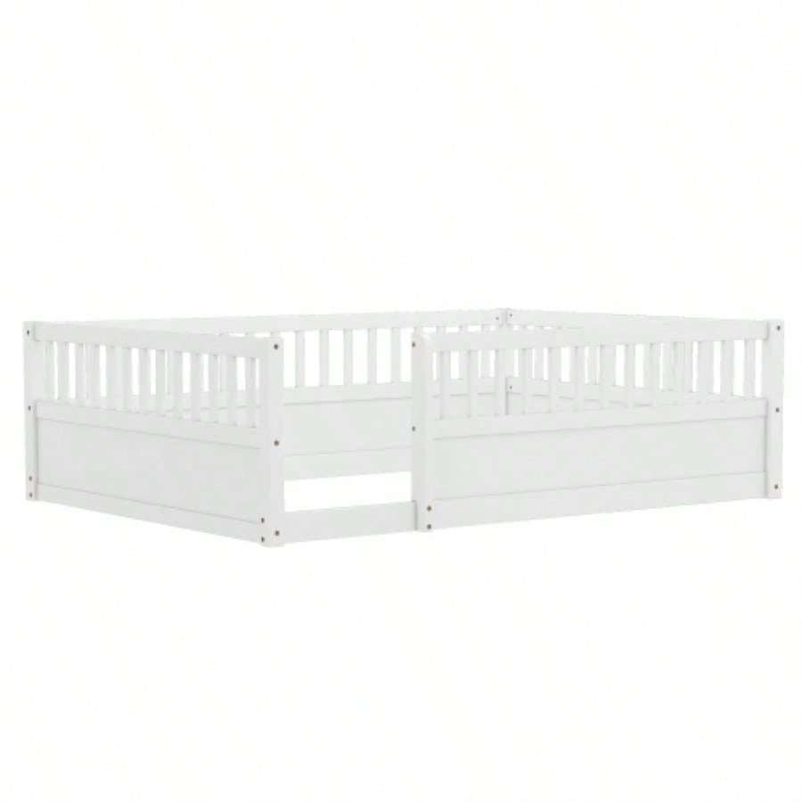 Full Floor Bed Frame with Fence, Montessori wooden s floor bed, Wood Floor Beds Frame Bedroom Playroom, White