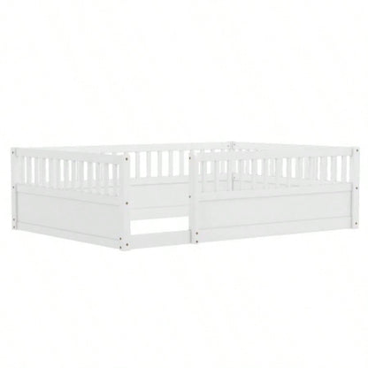 Full Floor Bed Frame with Fence, Montessori wooden s floor bed, Wood Floor Beds Frame Bedroom Playroom, White
