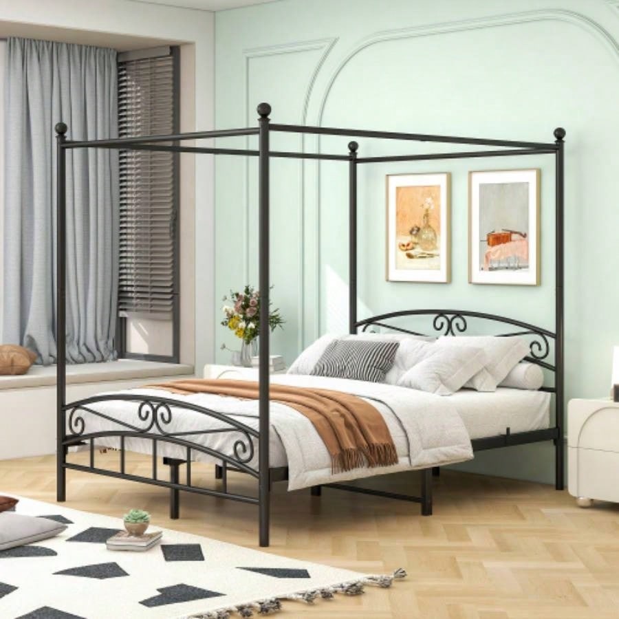 Size Metal Canopy Bed Frame with Headboard and Footboard Black