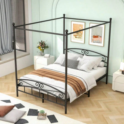 Size Metal Canopy Bed Frame with Headboard and Footboard Black