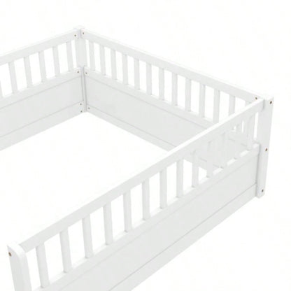 Full Floor Bed Frame with Fence, Montessori wooden s floor bed, Wood Floor Beds Frame Bedroom Playroom, White