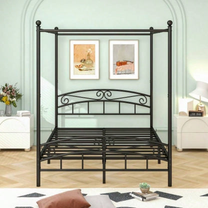 Size Metal Canopy Bed Frame with Headboard and Footboard Black