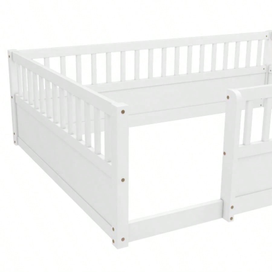 Full Floor Bed Frame with Fence, Montessori wooden s floor bed, Wood Floor Beds Frame Bedroom Playroom, White