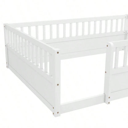 Full Floor Bed Frame with Fence, Montessori wooden s floor bed, Wood Floor Beds Frame Bedroom Playroom, White