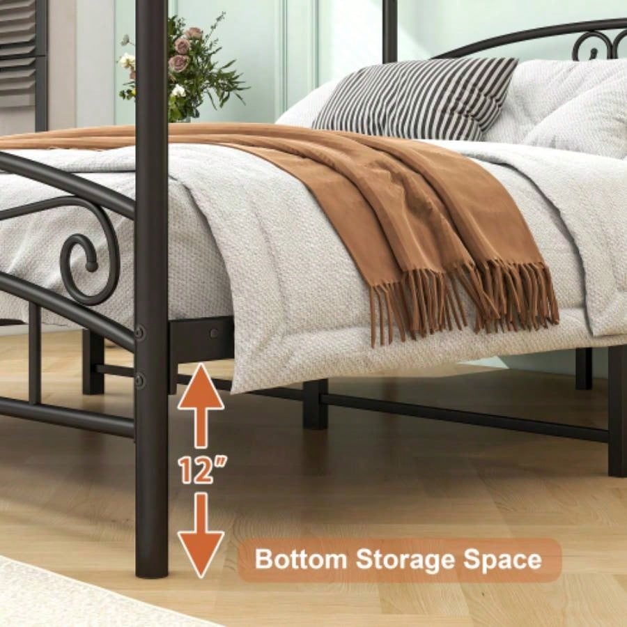 Size Metal Canopy Bed Frame with Headboard and Footboard Black