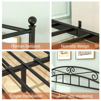 Size Metal Canopy Bed Frame with Headboard and Footboard Black