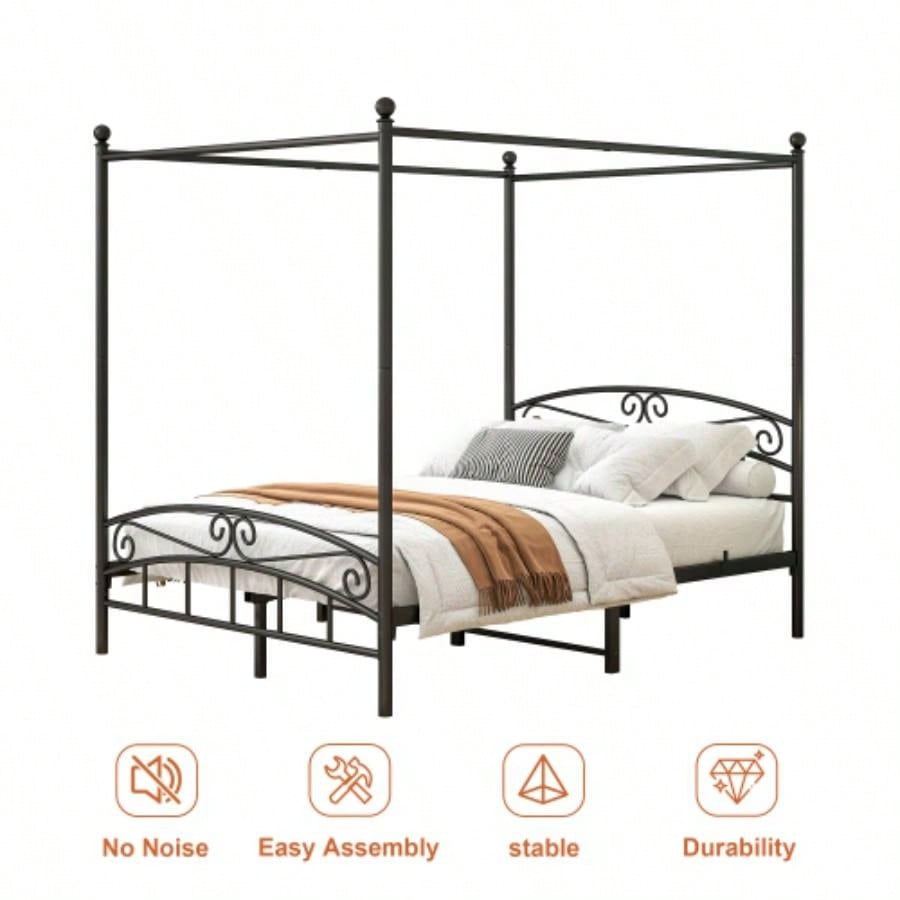 Size Metal Canopy Bed Frame with Headboard and Footboard Black