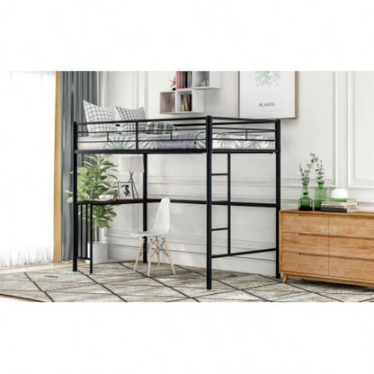 Twin Metal Loft Bed with Desk, Ladder and Guardrails, Loft Bed Bedroom, BlackOLD SKU: MF195191AAB