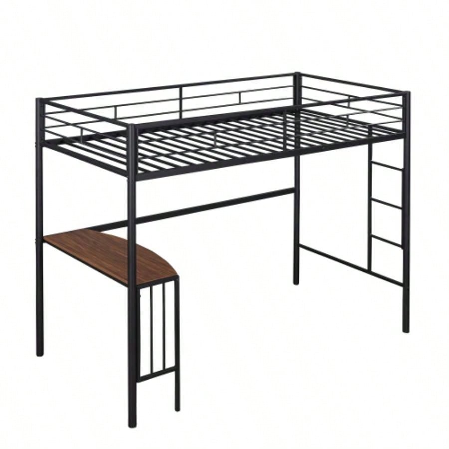Twin Metal Loft Bed with Desk, Ladder and Guardrails, Loft Bed Bedroom, BlackOLD SKU: MF195191AAB