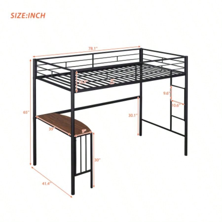 Twin Metal Loft Bed with Desk, Ladder and Guardrails, Loft Bed Bedroom, BlackOLD SKU: MF195191AAB