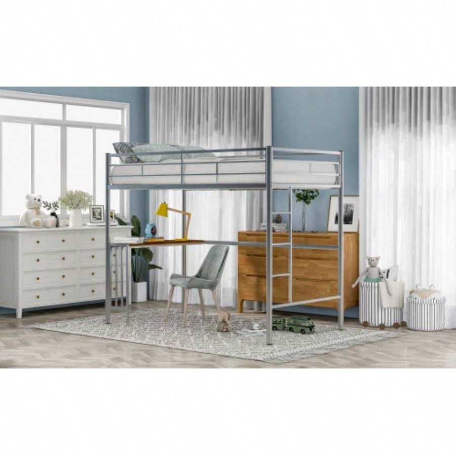 Twin Metal Loft Bed with Desk, Ladder and Guardrails, Loft Bed Bedroom, SilverOLD SKU: MF195191AAN