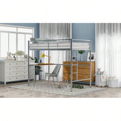 Twin Metal Loft Bed with Desk, Ladder and Guardrails, Loft Bed Bedroom, SilverOLD SKU: MF195191AAN