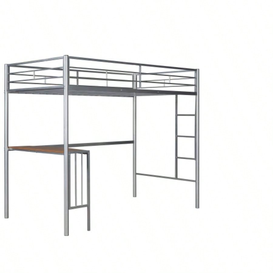 Twin Metal Loft Bed with Desk, Ladder and Guardrails, Loft Bed Bedroom, SilverOLD SKU: MF195191AAN