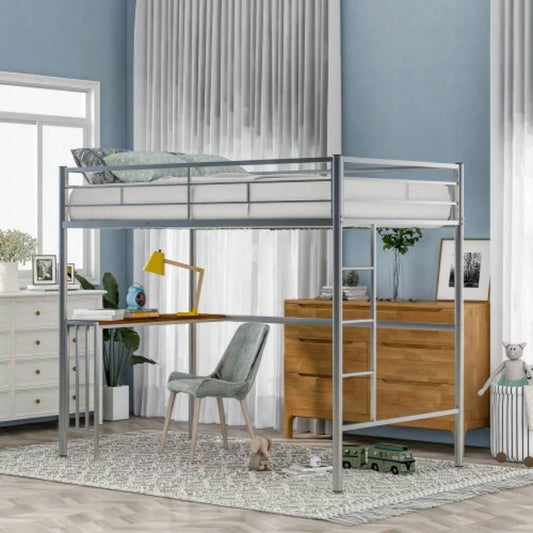 Twin Metal Loft Bed with Desk, Ladder and Guardrails, Loft Bed Bedroom, SilverOLD SKU: MF195191AAN