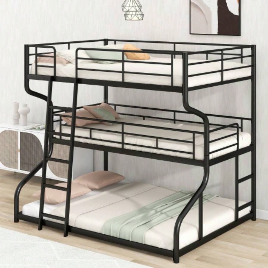 Full XL over Twin XL over Size Triple Bunk Bed with Long and Short Ladder, Black