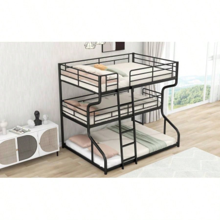 Full XL over Twin XL over Size Triple Bunk Bed with Long and Short Ladder, Black