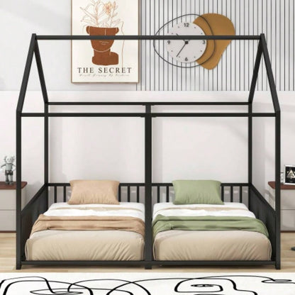 Metal Twin Size House Platform Beds, Two Shared Beds, Black