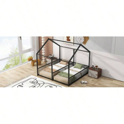Metal Twin Size House Platform Beds, Two Shared Beds, Black