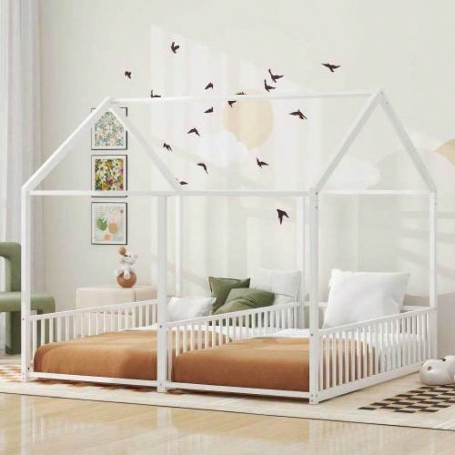 Metal Twin Size House Platform Beds, Two Shared Beds, Black