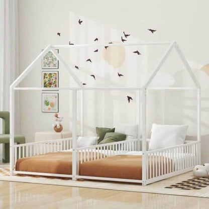 Metal Twin Size House Platform Beds, Two Shared Beds, Black