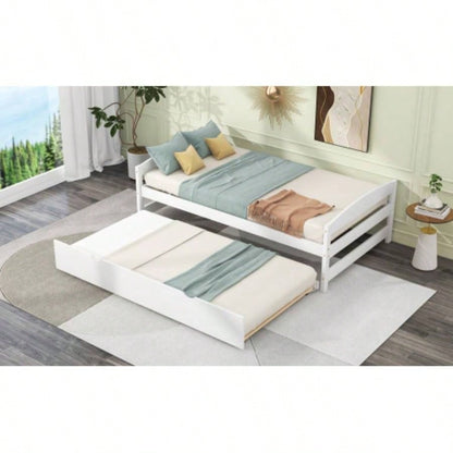 Twin Size Platform Bed with Twin Size Trundle, White