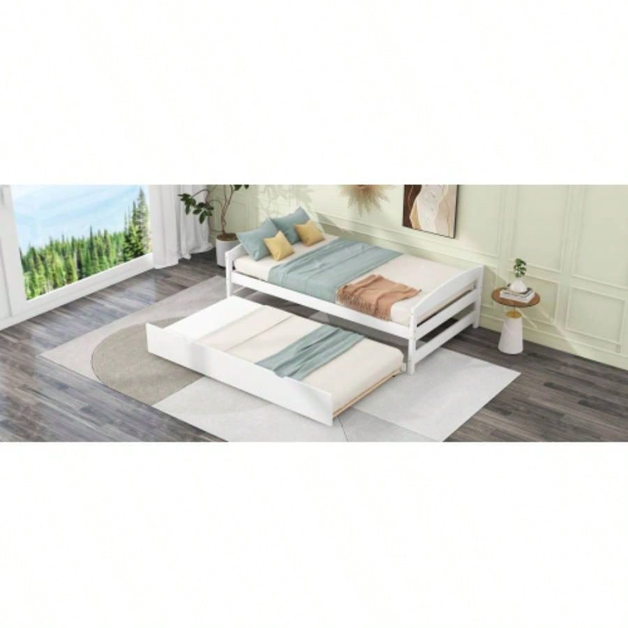 Twin Size Platform Bed with Twin Size Trundle, White