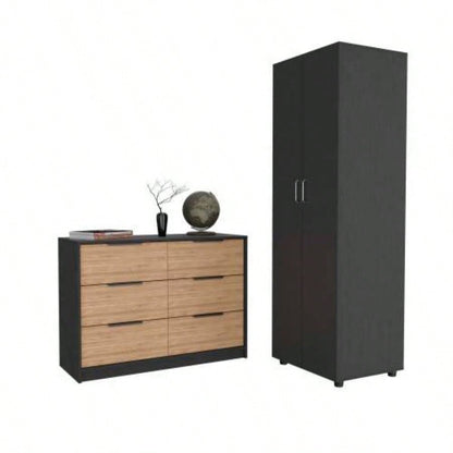 2 Piece Bedroom Set, London Armoire+ Egeo 4 Drawer Dresser, Black/ Pine