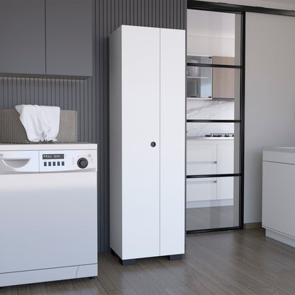 Attica Broom Cabinet Double-Door Design with Inner Shelves and Side Hangers, White