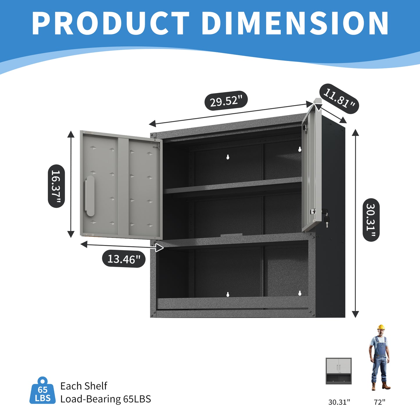 Metal Wall Tool Cabinet - 29.5" Gray Locking Doors & Drawer